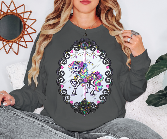 Carousel Horse Vintage Haunted Frame Ladies Long Sleeve T-Shirt 🎠🎪