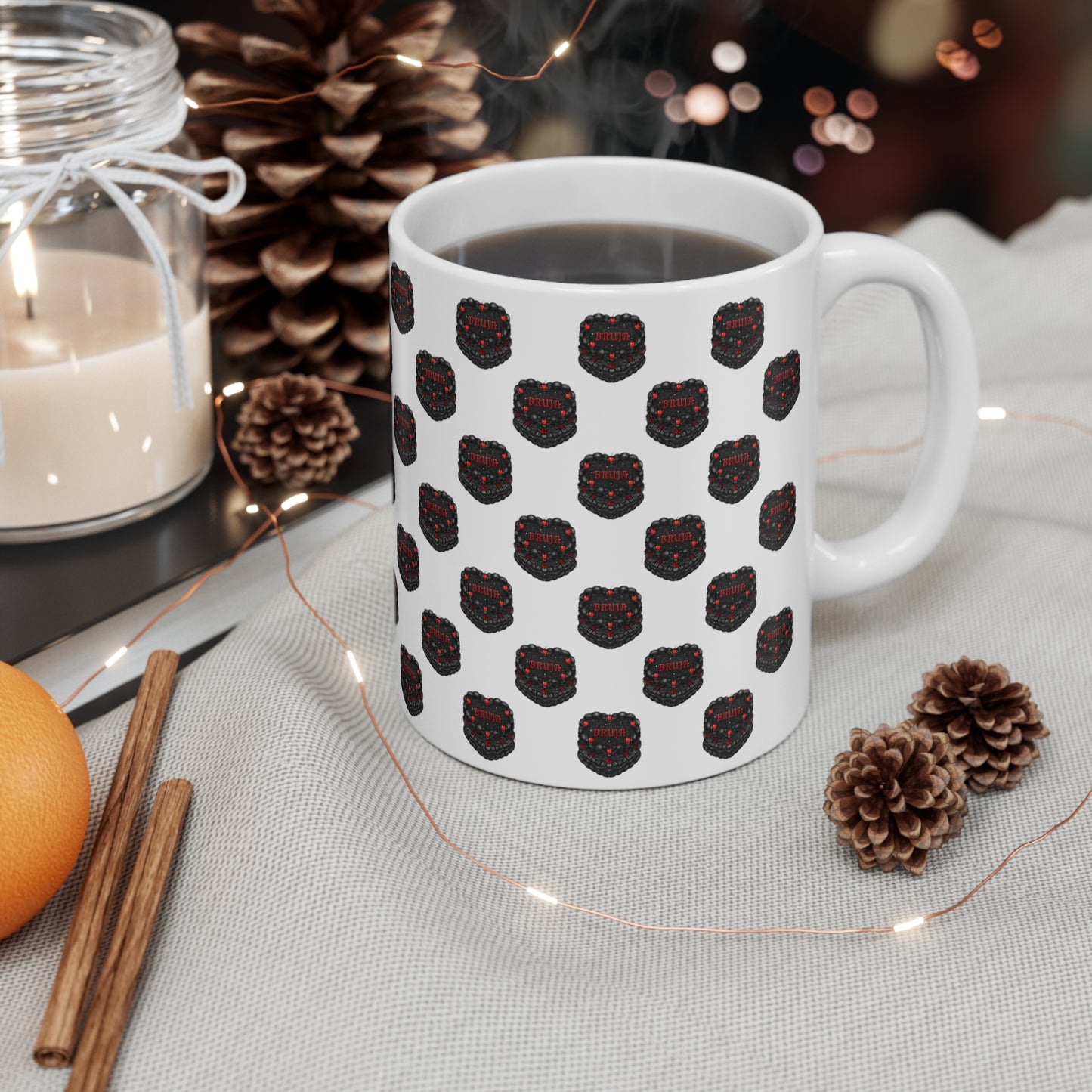 Bruja Vintage Heart Cake Pattern 11oz White Mug 🖤🕷️