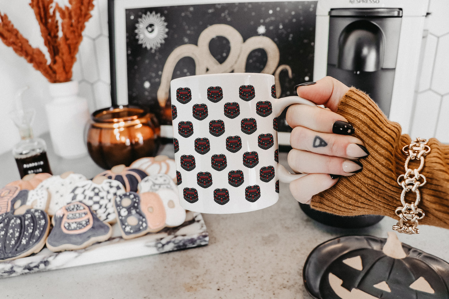 Bruja Vintage Heart Cake Pattern 11oz White Mug 🖤🕷️