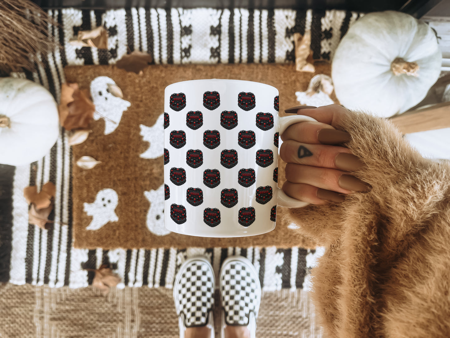 Bruja Vintage Heart Cake Pattern 11oz White Mug 🖤🕷️