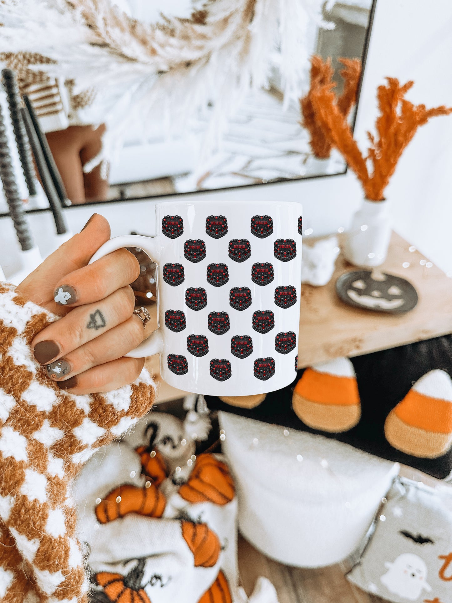 Bruja Vintage Heart Cake Pattern 11oz White Mug 🖤🕷️