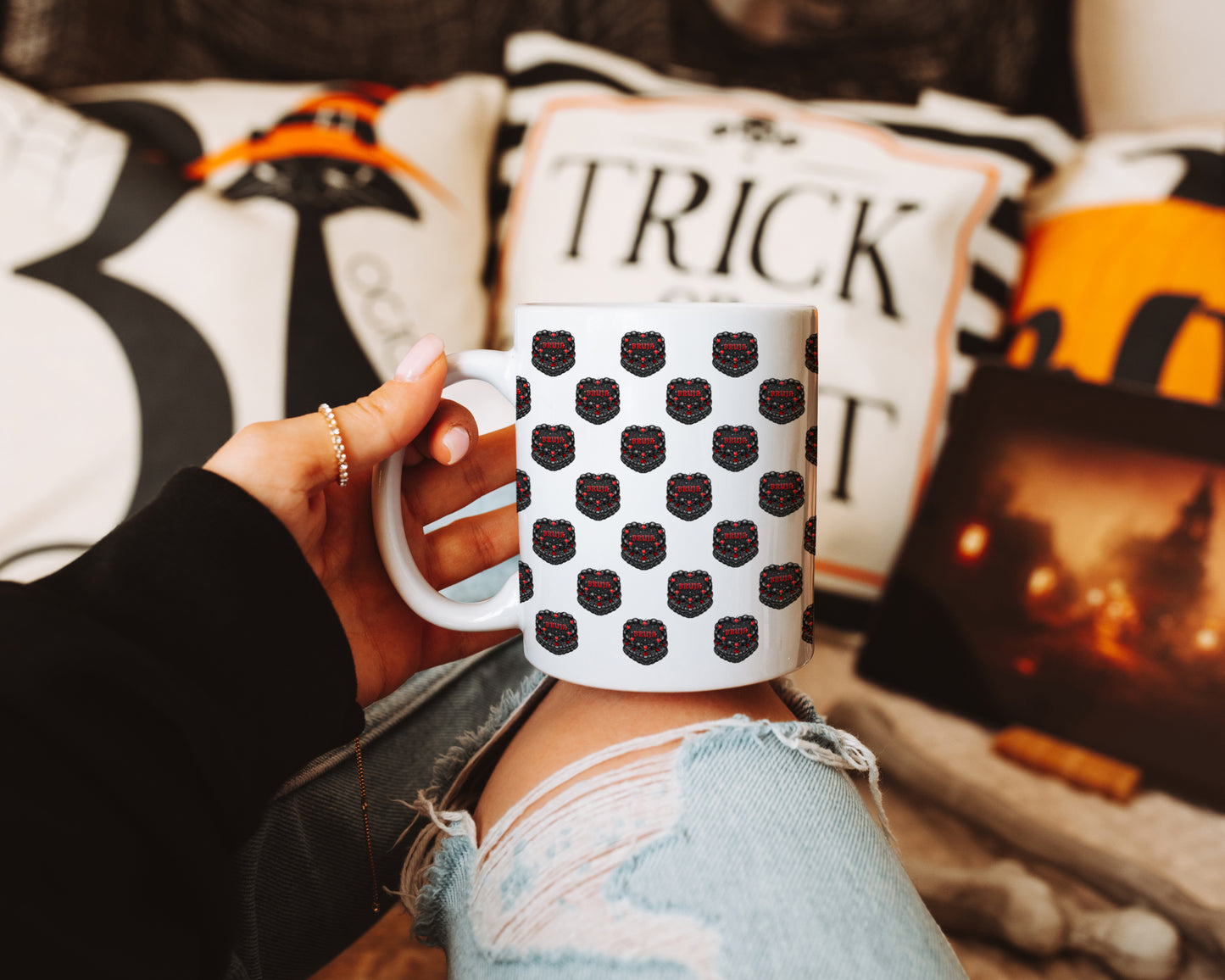 Bruja Vintage Heart Cake Pattern 11oz White Mug 🖤🕷️