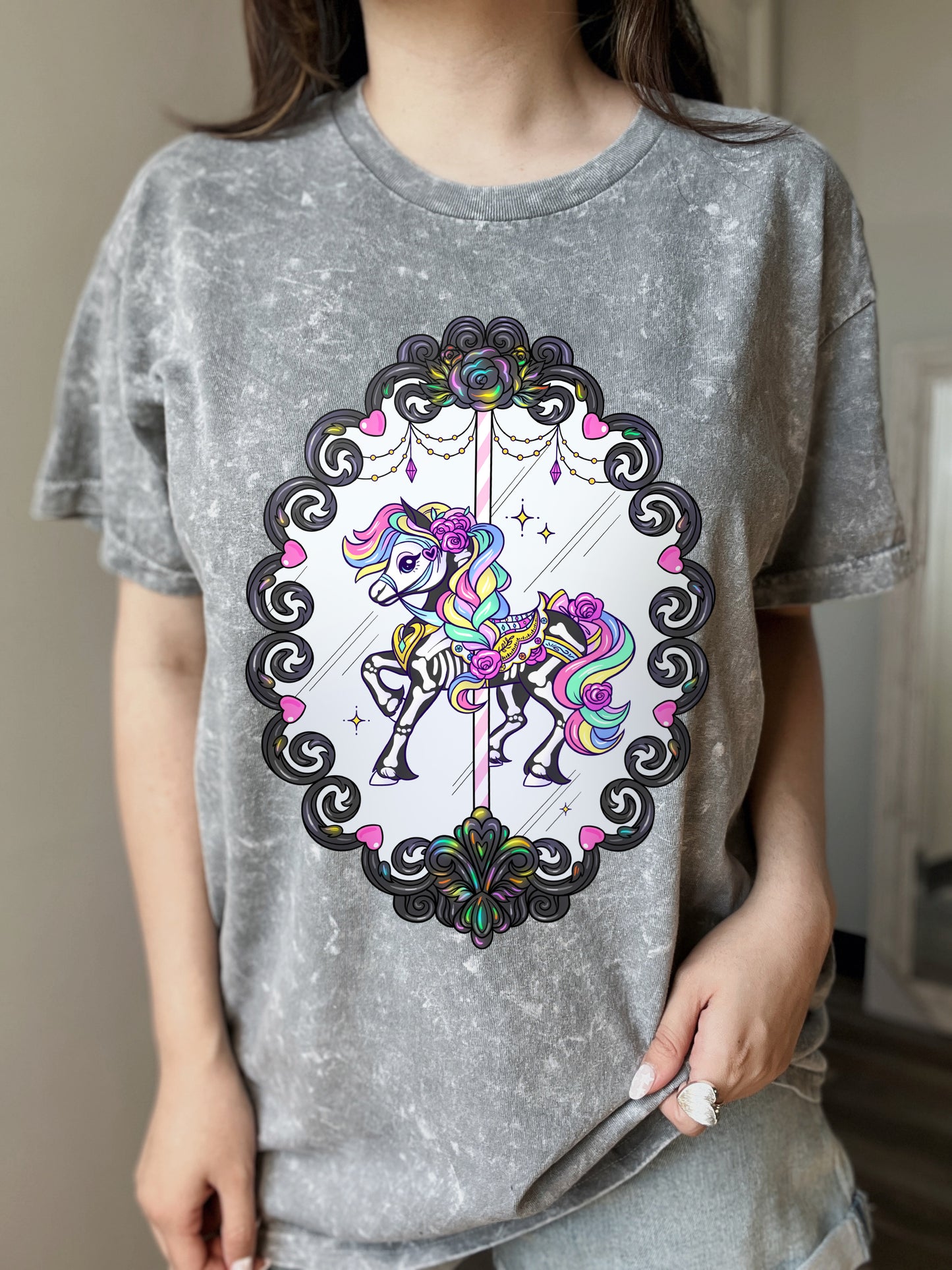 Carousel Horse Haunted Vintage Frame Acid Wash T-shirt 💖 🎪 🎠