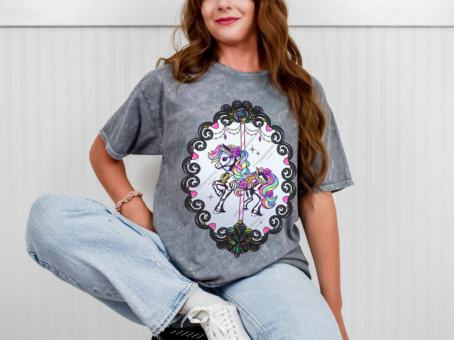 Carousel Horse Haunted Vintage Frame Acid Wash T-shirt 💖 🎪 🎠