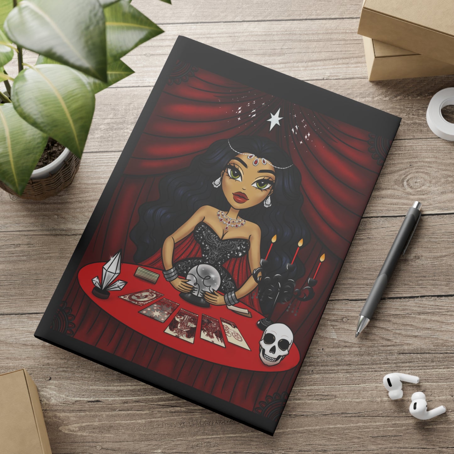 Tarot Reader Fortune Teller A4 Black Notebook with Puffy Cover Detail Matte Finish. Choose your choice of interior - Ruled lined, Dotted Grid or Blank No lines 