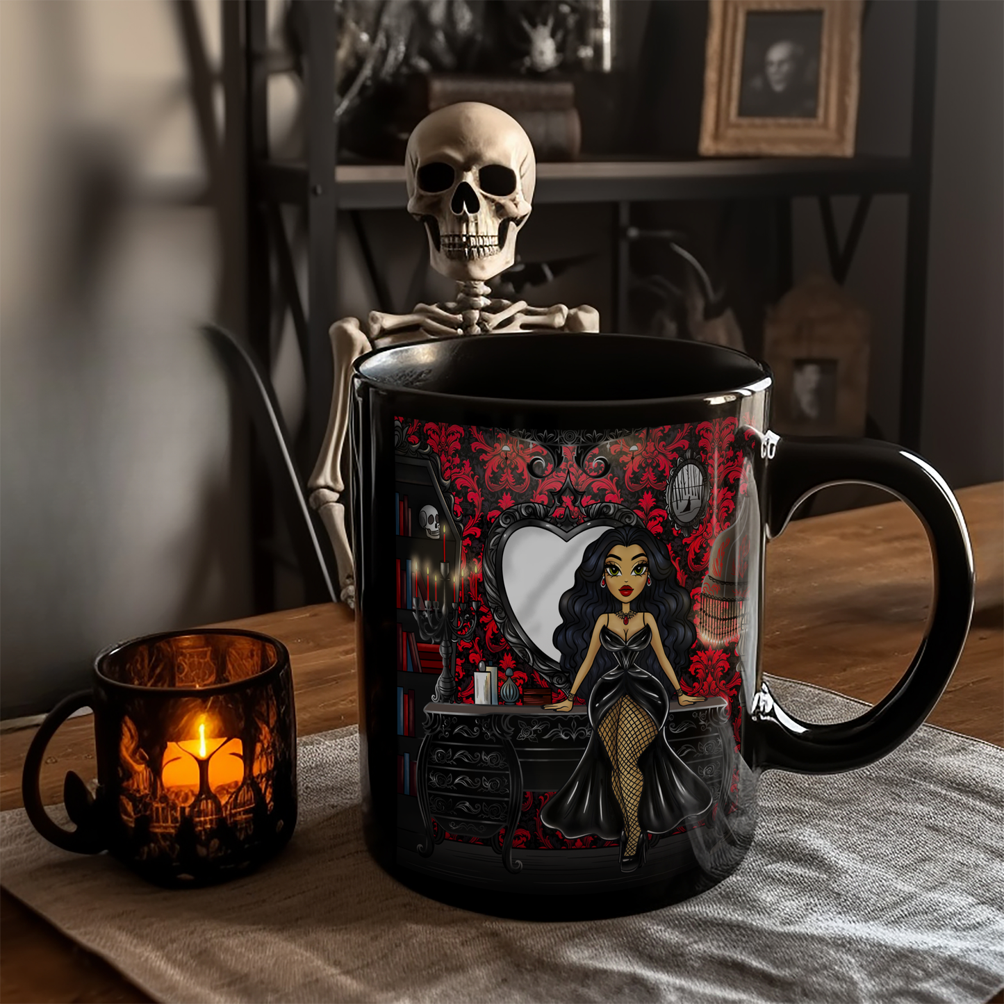 Vampira Gothic Vanity Doll 11oz Black Glossy Mug 🖤 🦇